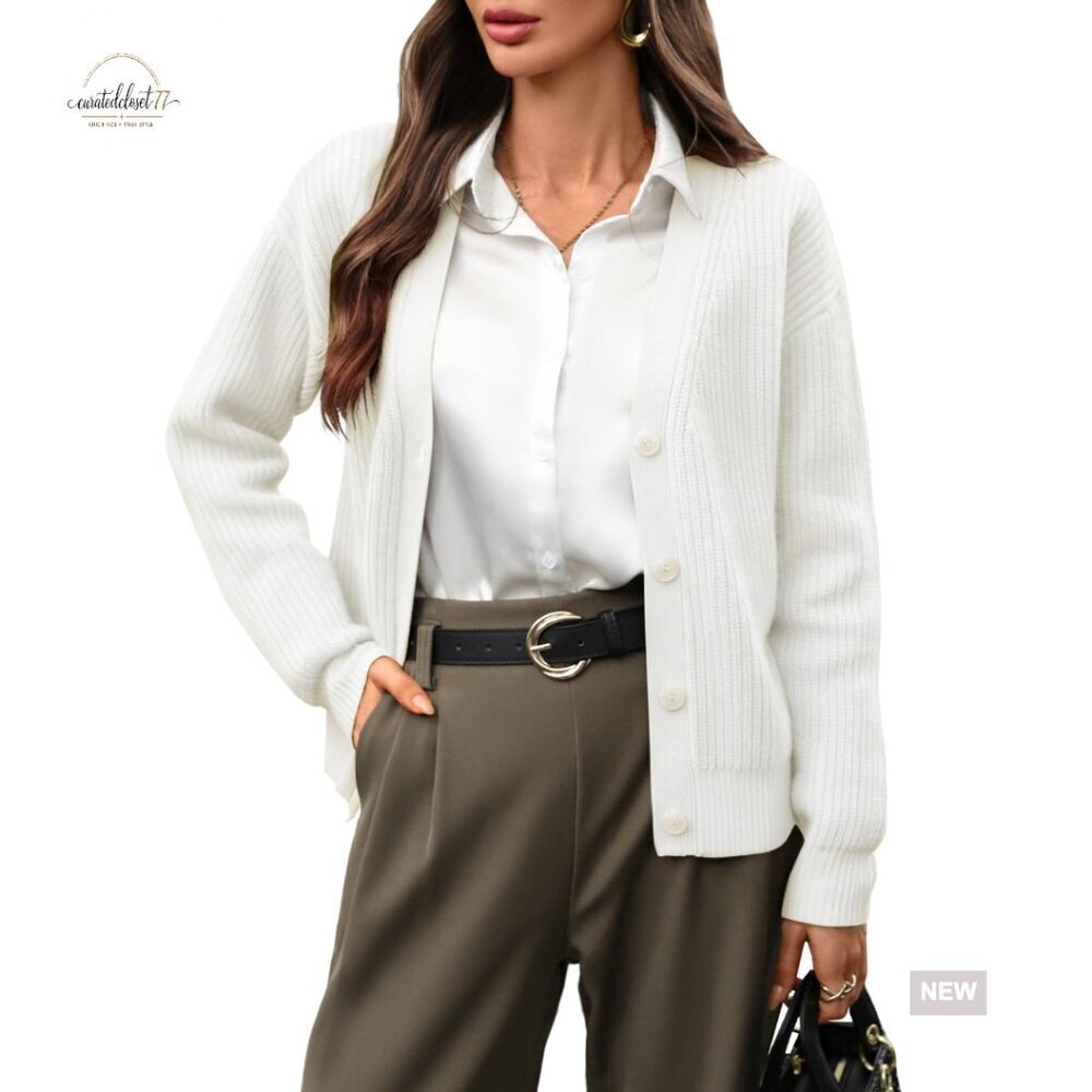 100% Wool V-Neck Cropped Cardigan Ribbed Knit Office Casual